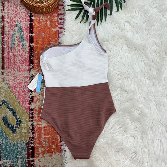 NEW Cupshe Neutral Brown White One Shoulder One Piece Swimsuit Medium Summer - Picture 2 of 5